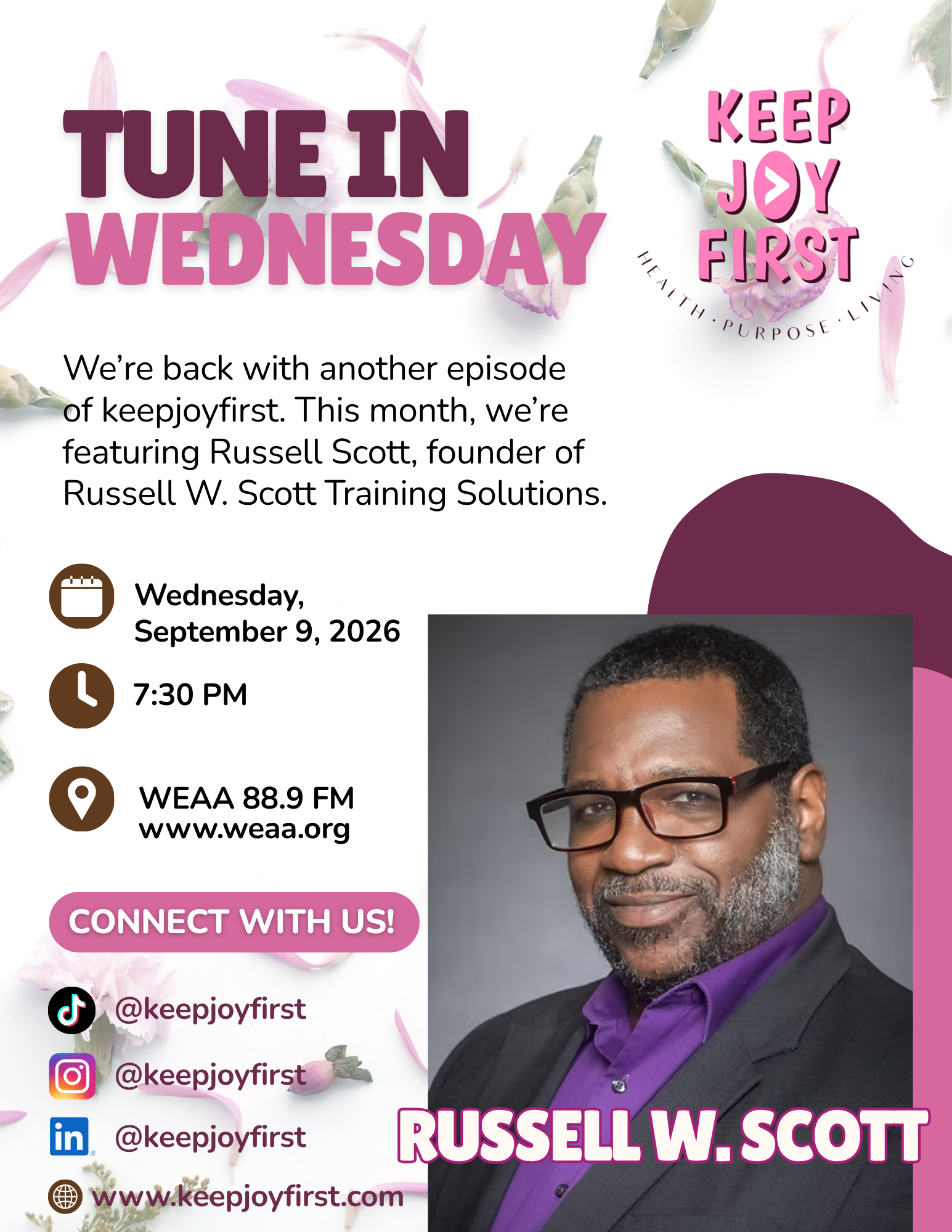 Tune in Wednesday, September 9, 2026 at 7:30 PM on WEAA 88.9 FM — keepjoyfirst featuring Russell Scott, founder of Russell W. Scott Training Solutions